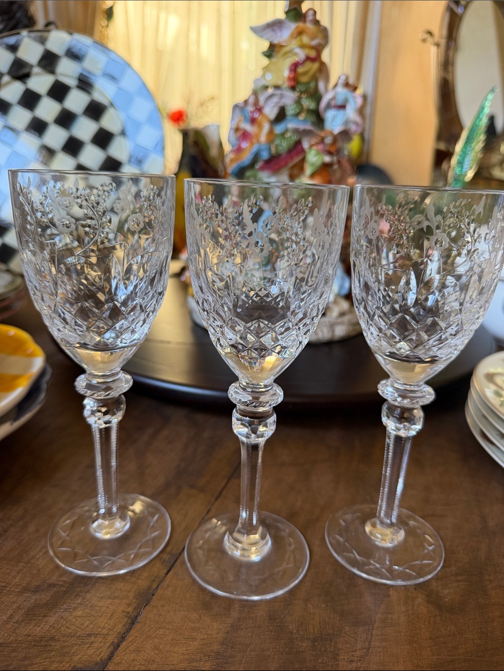 Set of 3 Rogaska Wine Glasses - Clear Floral Etched Stemware
